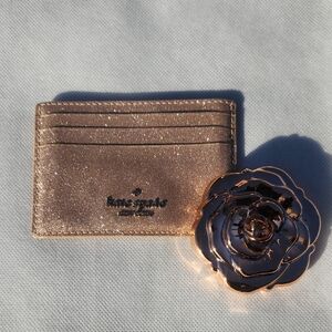 Kate Spade Shimmering Rose Gold Card Holder and Rose Gold Rose Mirror NWOT